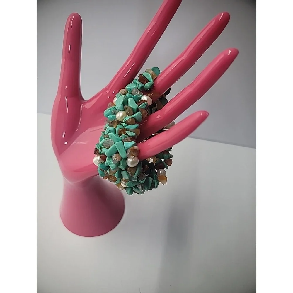 Vintage Bracelet Turquoise Amber Chip Beaded Stretch Jewelry Costume